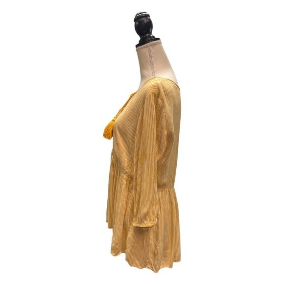StudioWest Apparel Boho Smock Top  L Yellow‎ Stripes Embroidered Mirrors Tassels - Picture 2 of 12